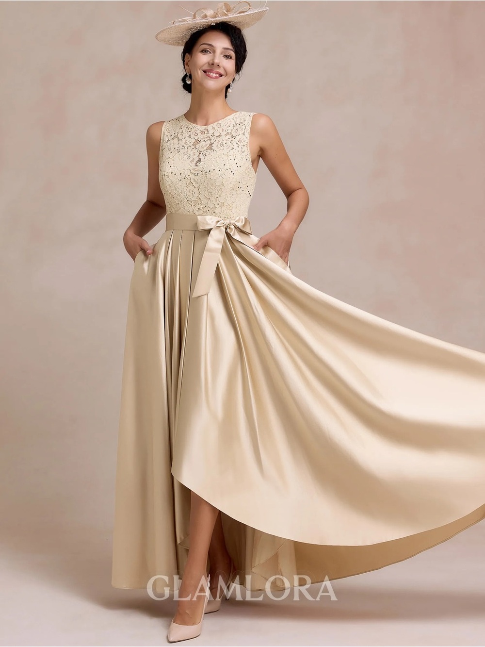 Sleeveless Lace Bodice High-Low Satin Dress in Champagne